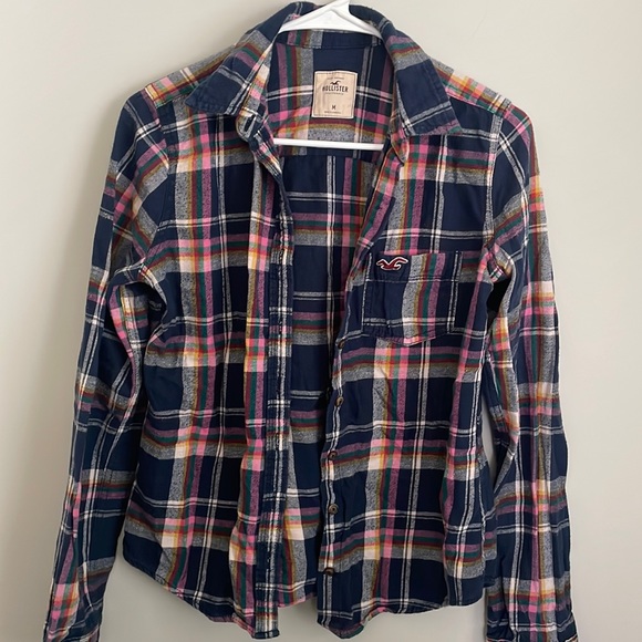 Hollister Plaid Navy Pink White Yellow Teal Flannel long sleeve button down- M - Picture 1 of 9
